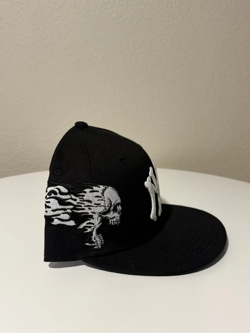 Black Kids Snapback Hat with White Skull Embroidery